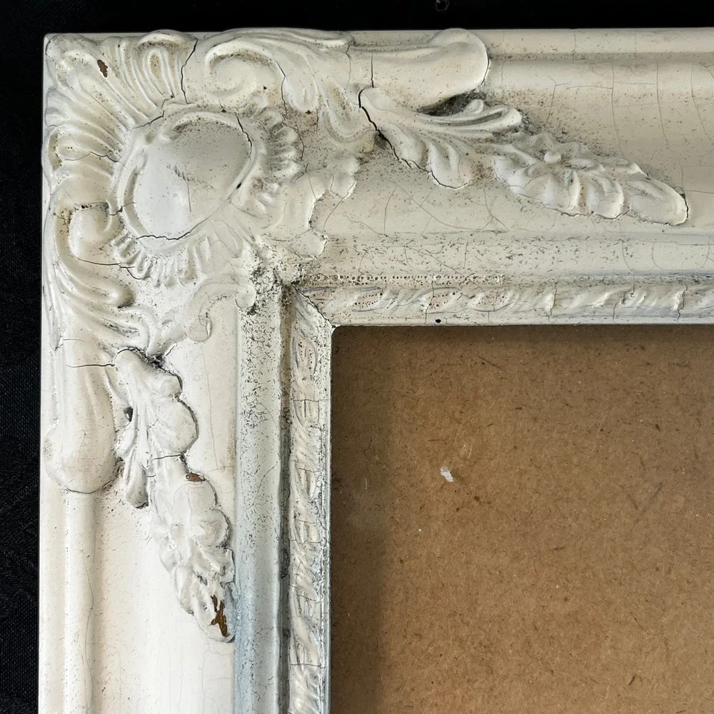 Vtg Picture Frame Ornate White Crackle 14.5x17.5